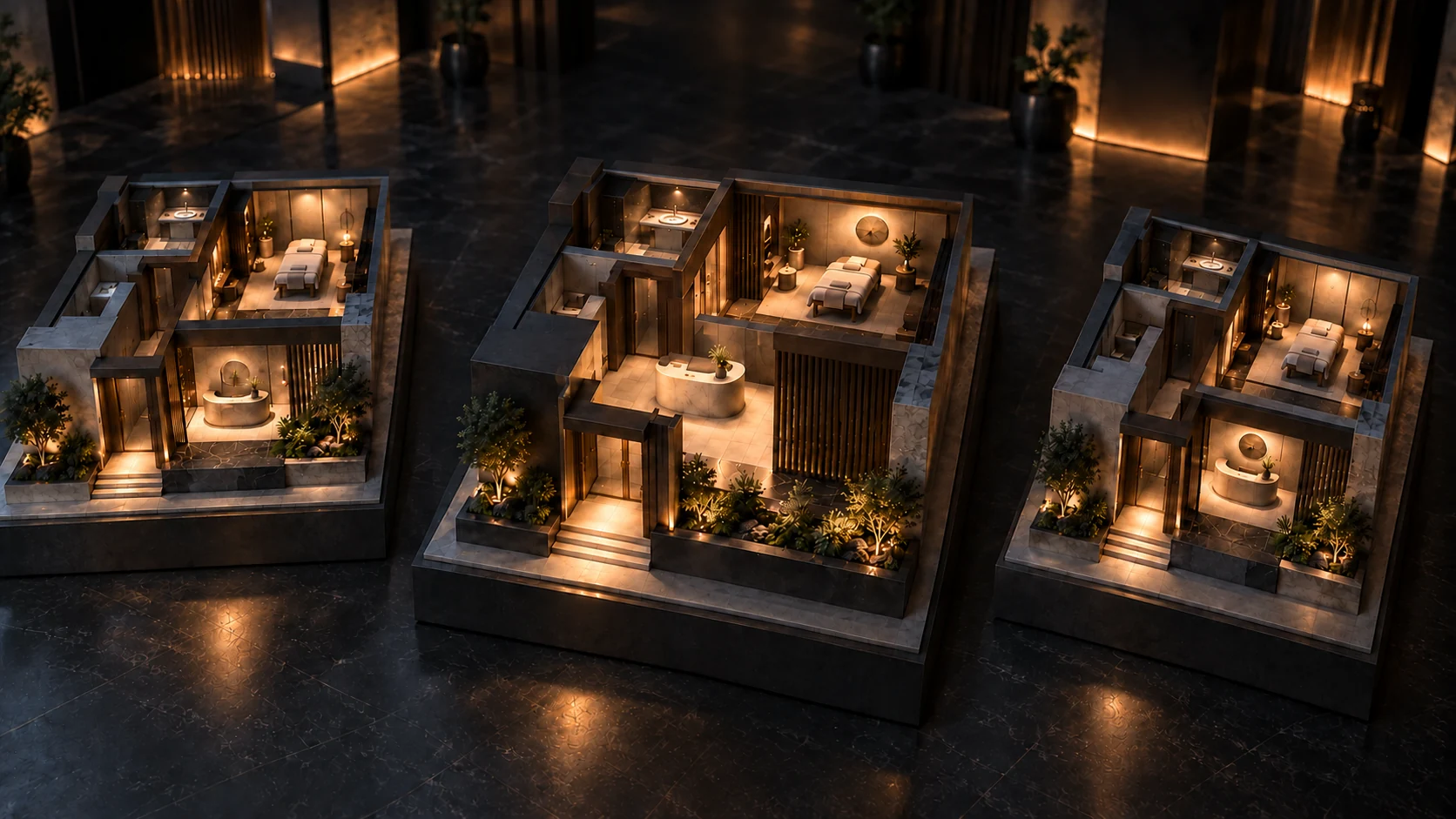 Three illustrative medical-aesthetics clinic models: clinic location 1 on the left, clinic location 2 in the centre, clinic location 3 on the right.